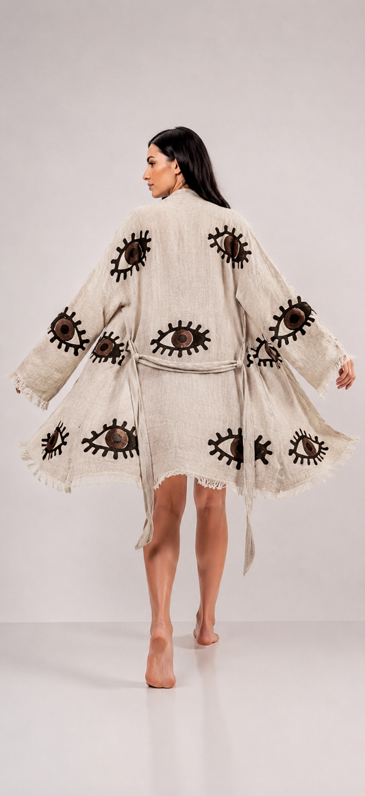 Turkish Eye Brown Mini Cotton Robe | Lightweight Spa Robe, Resort wear & Cover-Up