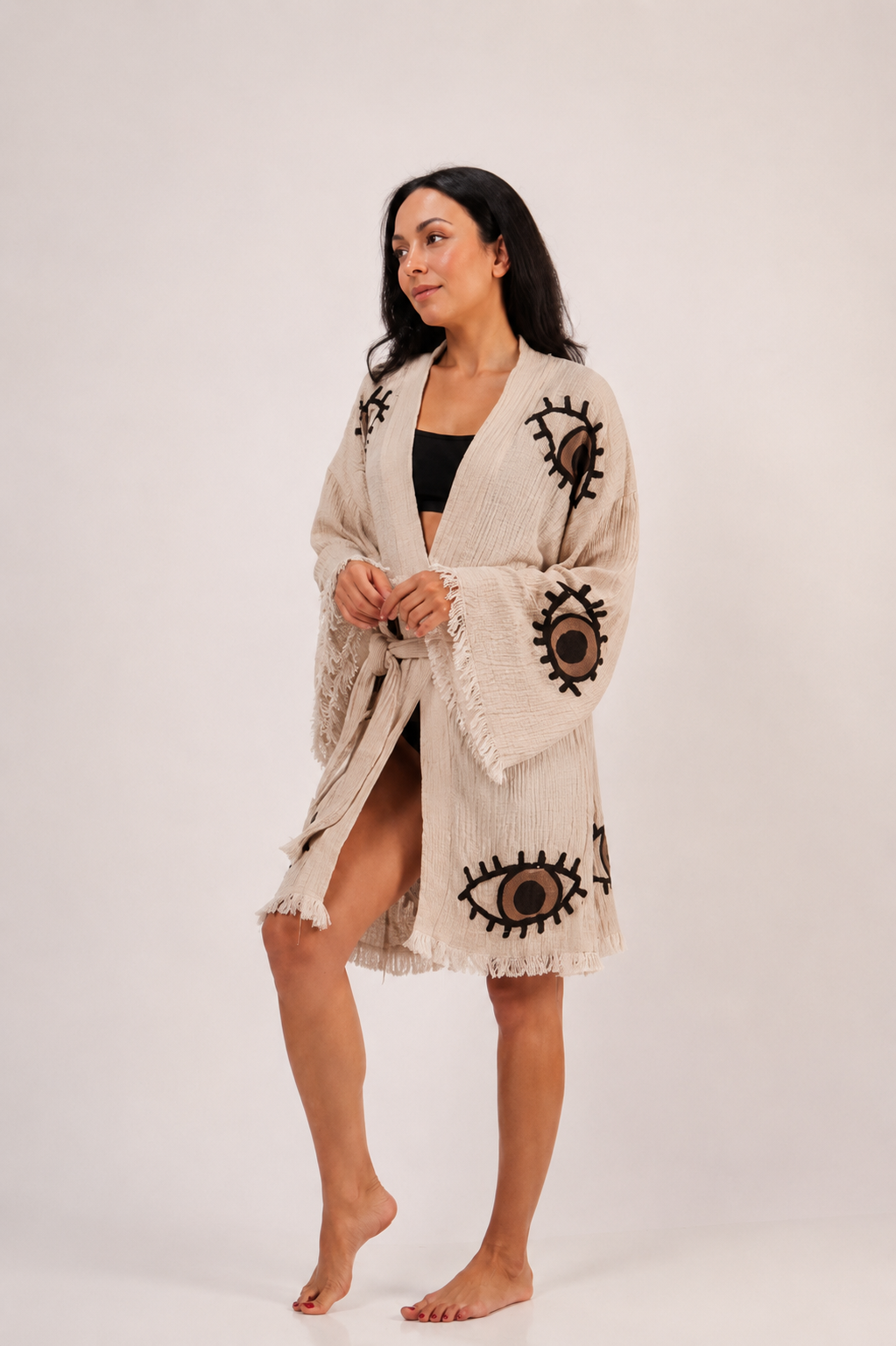 Turkish Eye Brown Mini Cotton Robe | Lightweight Spa Robe, Resort wear & Cover-Up